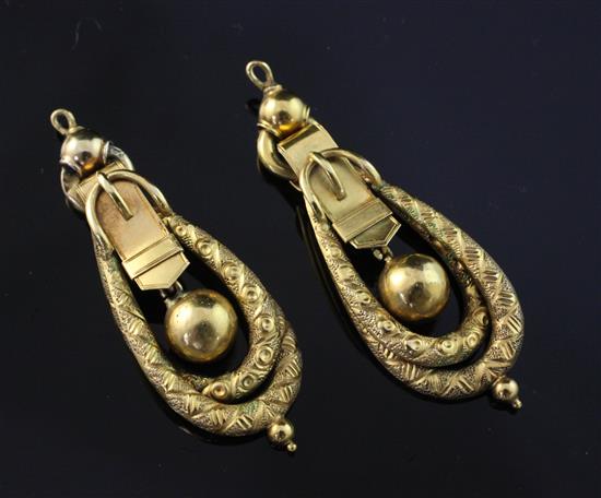A pair of Victorian gold drop earrings, overall 1.75in.